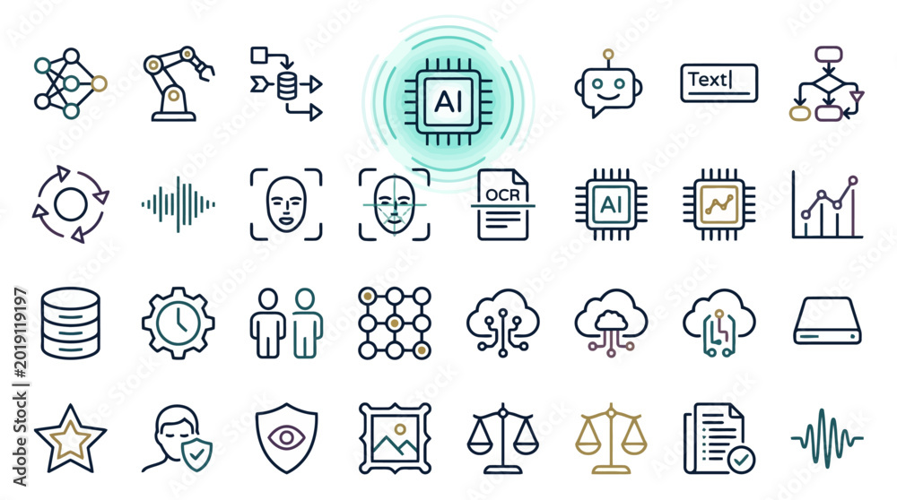 Fototapeta premium Vector Icons Set of Artificial Intelligence and Machine Learning Line Icons.
