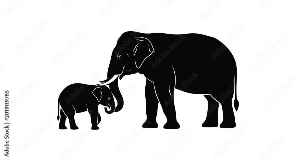 Obraz premium Mother and baby elephant silhouette touching trunks