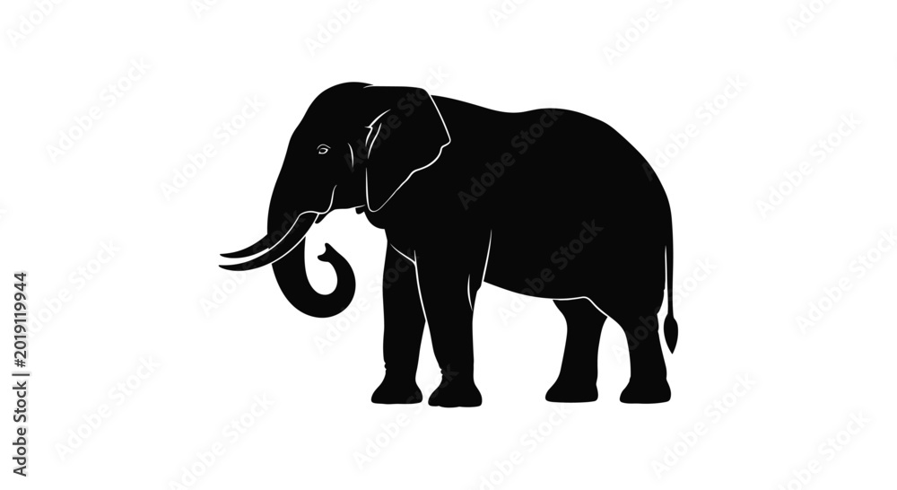 Fototapeta premium Elephant silhouette standing with trunk curled downwards and tusks