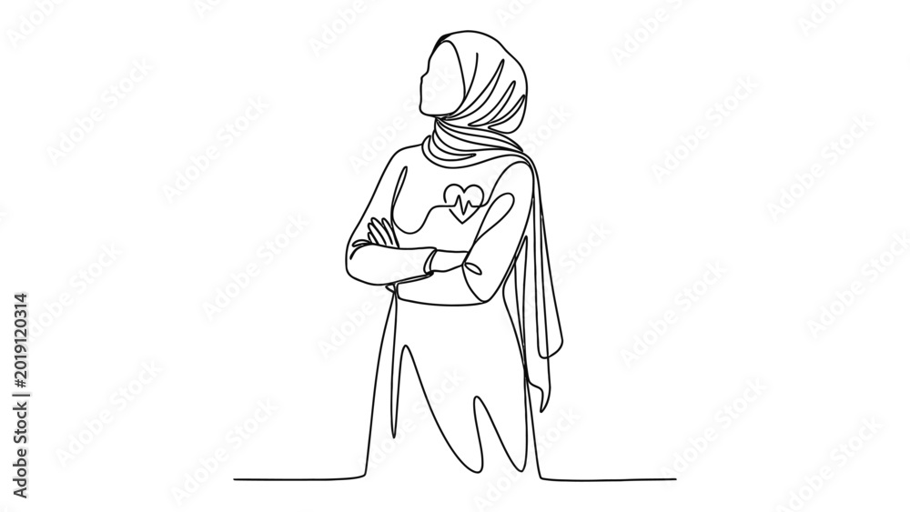 Obraz premium Continuous one line drawing of a woman wearing a hijab standing with arms crossed.