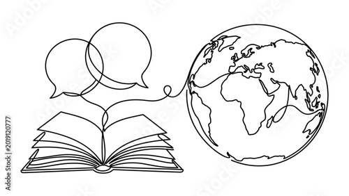 Continuous line drawing of open book connected to global earth globe with speech bubbles.