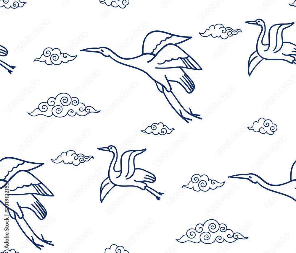 Fototapeta premium crane birds seamless vector pattern hand drawn ink traditional oriental asian Indian design isolated