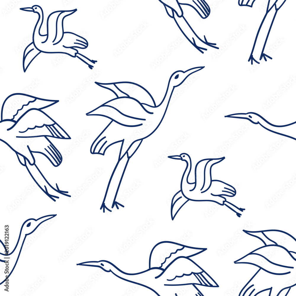 Fototapeta premium crane birds seamless vector pattern hand drawn ink traditional oriental asian Indian design isolated