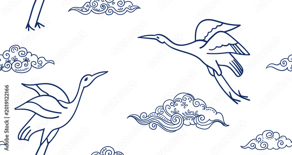 Fototapeta premium crane birds seamless vector pattern hand drawn ink traditional oriental asian Indian design isolated