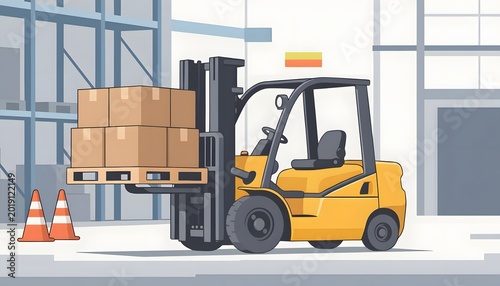 Illustration of a yellow forklift truck carrying a pallet loaded with cardboard boxes in a warehouse setting