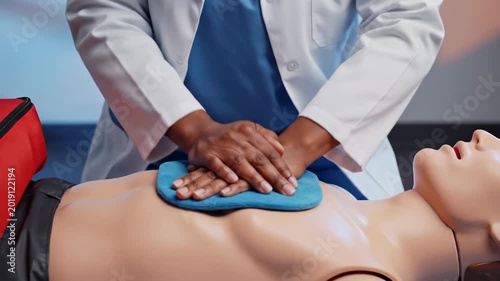 Medical professional performing CPR on a training mannequin in emergency simulation.