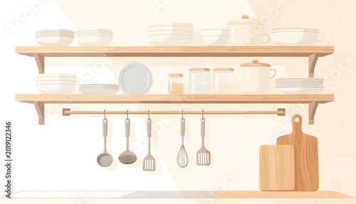 Kitchen shelves stocked with cookware and utensils, ready for culinary creation and meal preparation