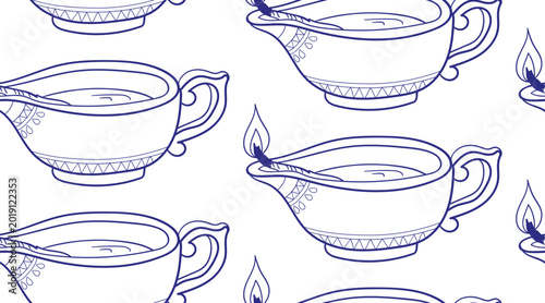 Foto diya oil lamp traditional dishes tableware seamless vector pattern hand drawn in