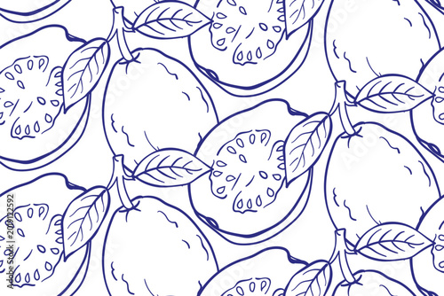 Fotografie guava fruit seamless vector pattern hand drawn ink traditional oriental asian I