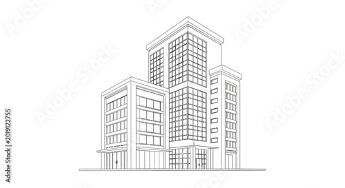 Modern Office Building Architectural Line Art Illustration - Corporate Real Estate Skyscraper Sketch