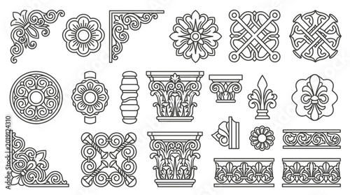 Decorative architectural elements and ornamental borders, featuring Corinthian columns, floral motifs, and corner flourishes for elegant design applications