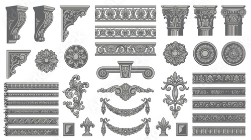 Collection of intricate architectural elements and decorative ornaments, showcasing ornate corbels, friezes, and floral motifs for classic designs