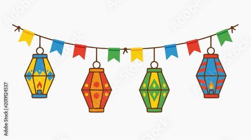 Festive Lanterns and Flags: A vibrant string of colorful lanterns and flags, perfect for celebrations and festive occasions, radiating a sense of joy and communal spirit.