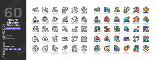 Tableau sur toile Financial natural disaster icon set collection - colored outline line art style