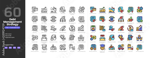 Debt management strategy icon set collection - colored outline line art style. Auto loan payment avalanche method chart repayment budget consolidation plan credit card debt free negotiation payoff