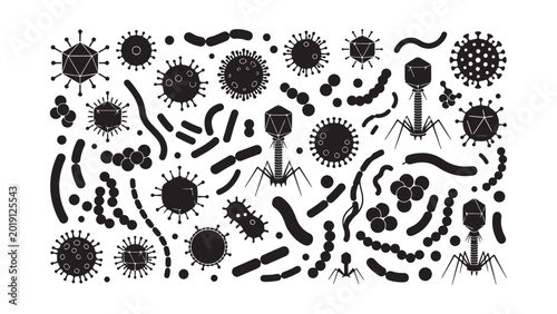 Foto Microscopic Virus and Bacteria Silhouettes Background