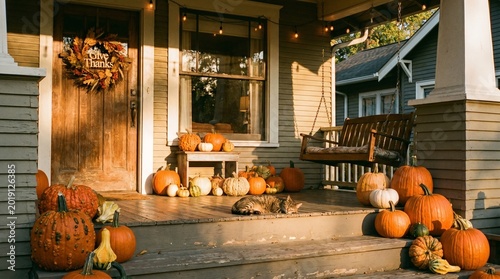 Quadro su tela Halloween pumpkins and autumn decor on front porch at night with fire pit