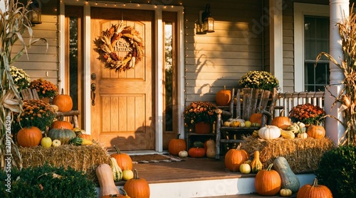 Φωτογραφία Autumn harvest decorations on wooden porch with pumpkins and wreath