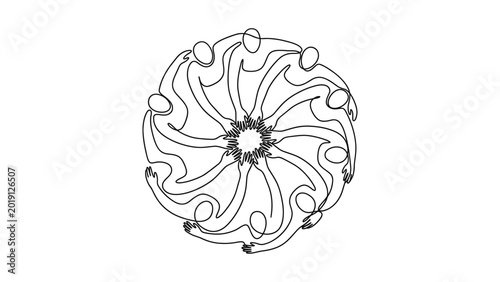 Abstract circular design of people holding hands in a continuous line art style. Continuous line style. Hand drawn. Line art. Vector design. illustration