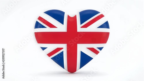 Pulsating United Kingdom flag heart, a vibrant 3D Union Jack slowly zooming on a clean white background, symbolizing love for Great Britain, national pride, patriotism, and British culture