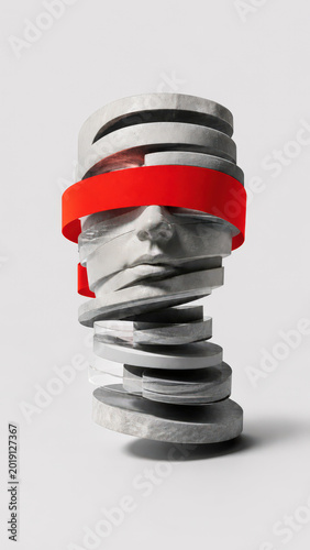 Abstract human face sculpture wrapped with red and transparent spiral bands isolated on grey background. Conceptual digital portrait. Identity and perception concept for design, poster, banner 
