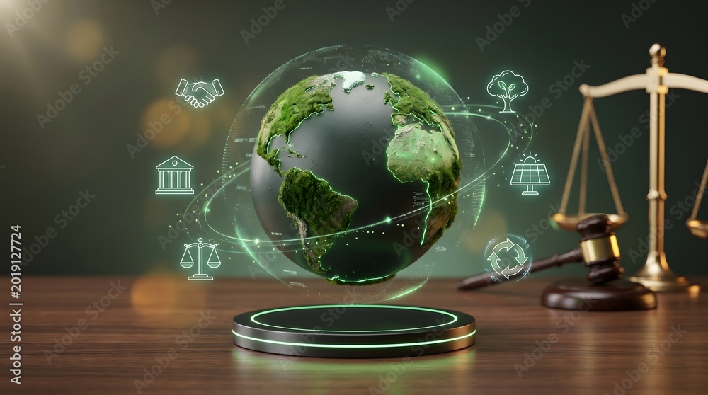 Obraz Holographic green earth globe with ESG icons next to judge gavel and scales of justice symbolizing environmental law and sustainability regulations.
