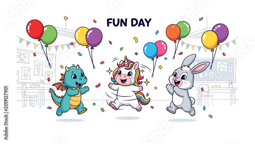 Tableau sur toile Fun Day Celebration: Animated characters, including a dragon, unicorn, and rabbit, frolic in a vibrant setting, amidst festive balloons and confetti, epitomizing the joyful spirit of a fun-filled day