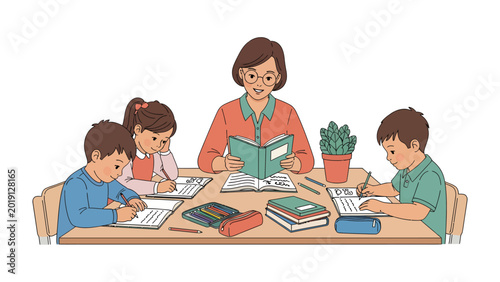 Fotografie Classroom Scene: A dedicated educator guides eager students in a vibrant classroom setting, fostering a love for learning and academic excellence