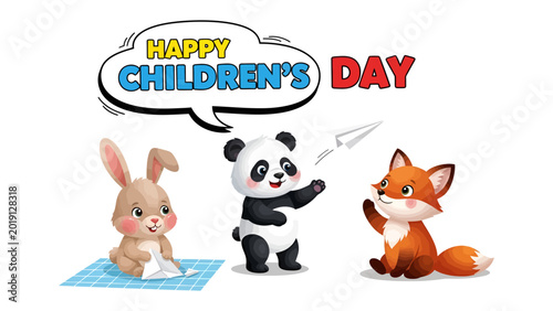 Slika na platnu Happy Children's Day: A trio of adorable animal friends – a bunny, a panda, and a fox – celebrate Children's Day with playful paper airplanes, capturing the innocence and joy of childhood