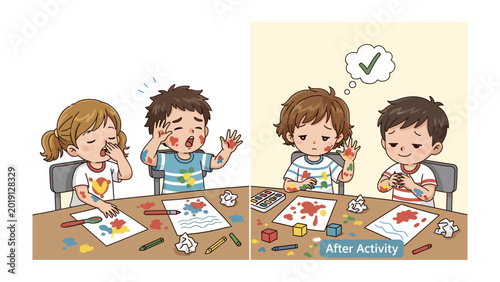 Fotografie Kids' Art Mishap and Victory: A split scene captures the playful mess and eventual success of children engaged in art, demonstrating both the chaos and rewarding moments of creativity