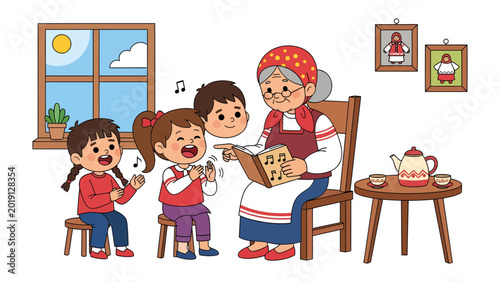 Εκτύπωση καμβά The Grandmother's Tale: An elderly woman, surrounded by delighted children, engrossed in a shared storytelling experience