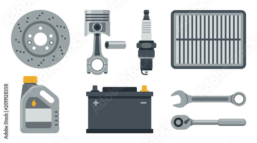 Foto Car engine parts and tools.