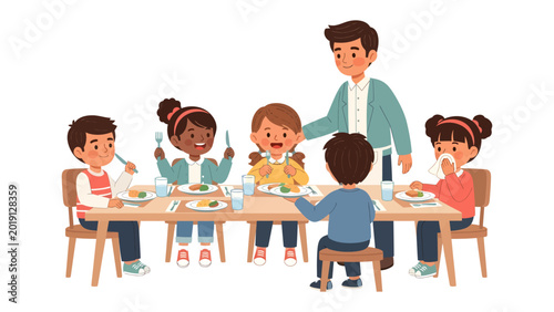 Tableau sur toile Shared Mealtime Moment: Capturing the heartwarming essence of shared mealtime, a teacher gently guides a table of diverse children, creating a scene of unity and nurturing