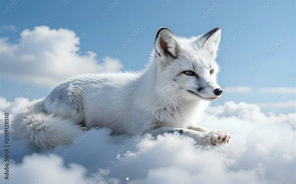 Obraz premium White fox rests serene in snowy landscape under bright blue sky.