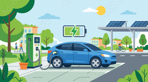 Electric car charging at station.