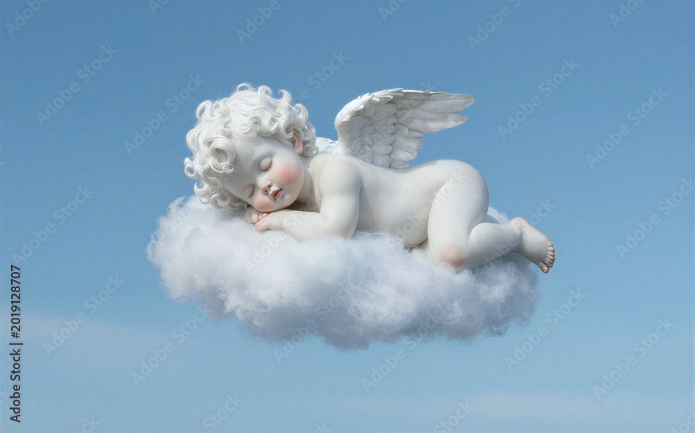 Fototapeta premium Cute angel sleeps peacefully on fluffy cloud against clear blue sky.
