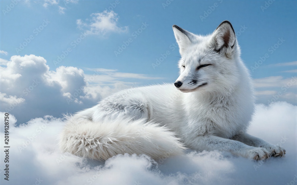 Obraz premium White fox rests peacefully atop fluffy clouds under a bright blue sky.