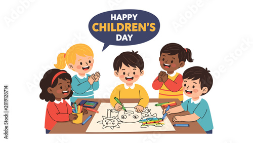 Slika na platnu Children's Day: Illustration of joyful children celebrating the special day, engrossed in creative endeavors