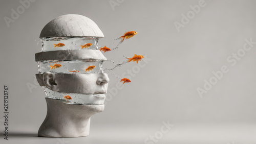 Abstract human face sculpture with transparent water layers and jumping goldfish isolated on grey background. Conceptual freedom and subconsciousness composition for design
