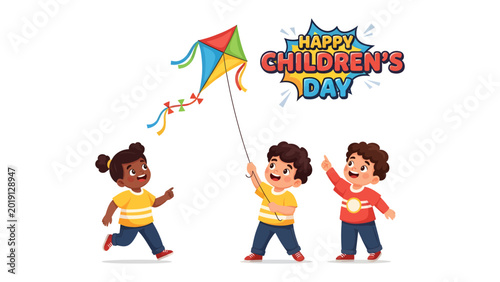 Quadro em tela Joyful Kite Day: Three children revel in the joy of Children's Day, their faces alight with delight as they fly a colorful kite
