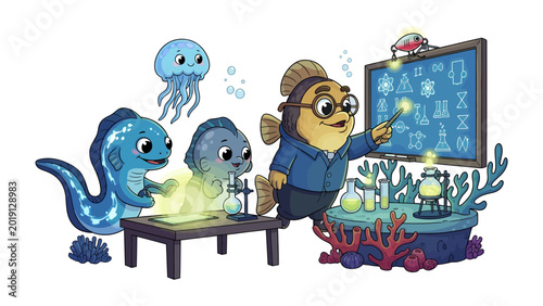 Принти на полотні Underwater Classroom: An imaginative underwater classroom comes to life, a fish-like teacher guides eager aquatic students through an engaging science lesson with a touch of magic