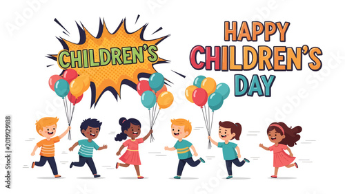 Photography Happy Children's Day Celebration: A vibrant illustration captures the essence of Children's Day, featuring cheerful children joyfully running with balloons, radiating happiness and innocence