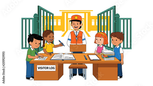 Fotografie School Entry Protocol: A friendly school personnel greets a group of young students at a welcoming entrance, where the process of signing the visitor log commences
