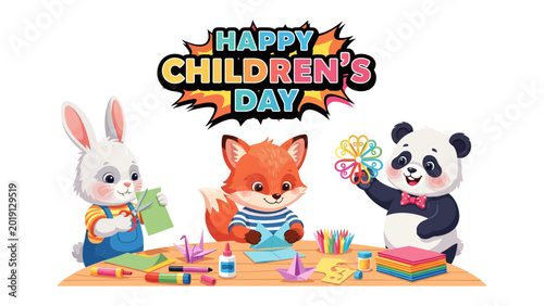 Foto Children's Day Celebrations: A charming scene unfolds, as a trio of adorable animal friends gathers to create colorful crafts, their joyful spirits radiating through their artful creations