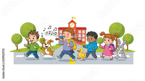 Billede på lærred School Crossing Adventure: A group of children joyfully traverse a school crosswalk, accompanied by playful animal companions, with a cheerful schoolhouse as their backdrop