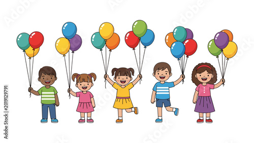 Joyful Celebration with Balloons: Delightful children, each clutching a vibrant bouquet of balloons, radiate happiness. Capturing the spirit of youth and the simple joy of celebration.