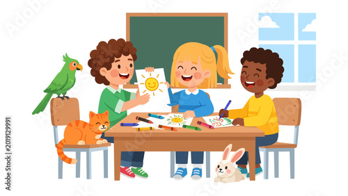 Foto Joyful Children's Art Session: A group of happy children engage in a creative art session at a table, their faces lit up with pure joy