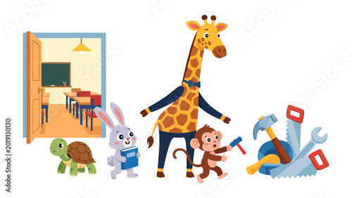 Canvas Print Animated School Day: An endearing gathering of animated animals, each with unique tools and character, are poised in front of the classroom, depicting a scene of playful education and readiness