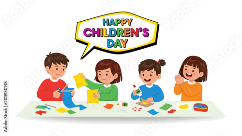 Φωτογραφία Happy Children's Day: A vibrant illustration showcasing children engrossed in a joyous activity, with a lively message celebrating Children's Day