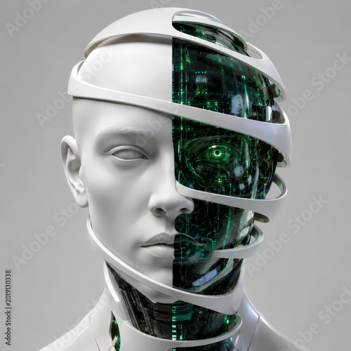Abstract human cyborg face with split organic and electronic structure isolated on grey background. Artificial intelligence and human machine integration concept for design